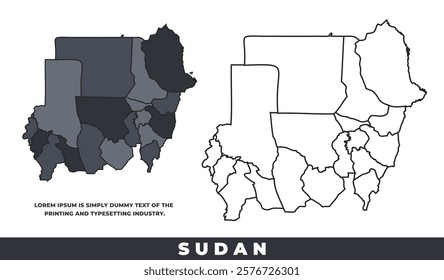 Sudan political regions black color outline map set