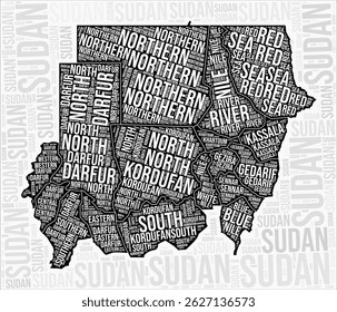 Sudan regions map word cloud. Sudan region names. Black and white map design. Artistic vector illustration.