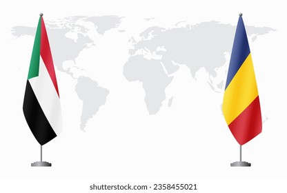 Sudan and Romania flags for official meeting against background of world map.