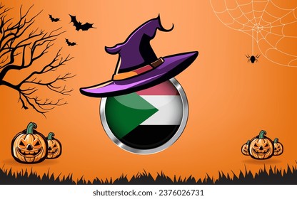 sudan round flag with Happy Halloween banner or party invitation background. bats, spiders and pumpkins, orange background
