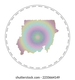 Sudan round logo. Digital style shape of Sudan in dotted circle with country name. Tech icon of the country with gradiented dots. Charming vector illustration.