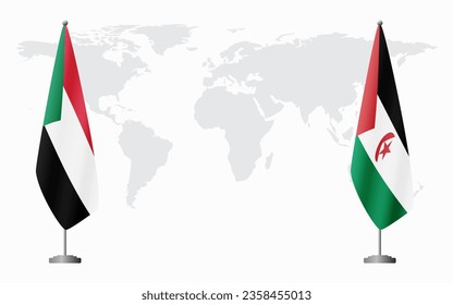 Sudan and Sahrawi Arab Democratic Republic flags for official meeting against background of world map.