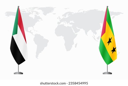Sudan and Sao Tome and Principe flags for official meeting against background of world map.
