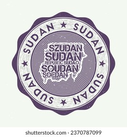 Sudan seal. Country round logo with shape of Sudan and country name in multiple languages wordcloud. Appealing emblem. Neat vector illustration.