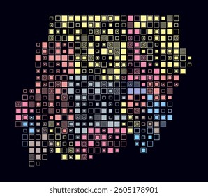 Sudan, shape of the country built of colored cells. Digital style map of Sudan on dark background. Large size square blocks. Beautiful vector illustration.