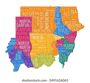 Sudan shape. Country word cloud with region division. Sudan colored illustration. Region names cloud. Vector illustration.
