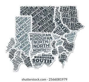 Sudan shape text cloud. Country border with shadow on white background. Sudan with regions division in vintage gazette style. Creative vector illustration.