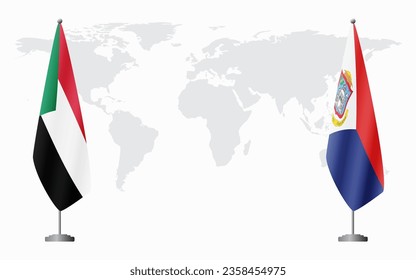 Banderas de Sudán y San Martín para una reunión oficial contra el fondo del mapa mundial.