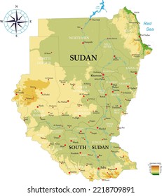 Sudan and South Sudan highly detailed physical map