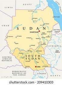 Mapa político de Sudán y Sudán del Sur con las capitales Jartum y Juba, con fronteras nacionales, ciudades, ríos y lagos más importantes. Ilustración vectorial con etiquetado y escala en inglés.