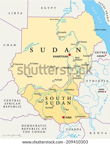 Sudan and South Sudan Political Map with capitals Khartoum and Juba, with national borders, most important cities, rivers and lakes. Vector illustration with English labeling and scaling.