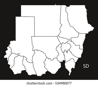 Sudan with states Map black and white illustration