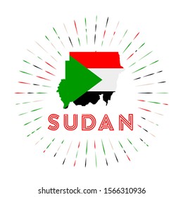 Sudan sunburst badge. The country sign with map of Sudan with Sudanese flag. Colorful rays around the logo. Vector illustration.