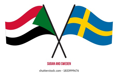 Sudan and Sweden Flags Crossed And Waving Flat Style. Official Proportion. Correct Colors.