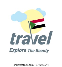 Sudan Travel Country Flag Logo. Explore the The Beauty lettering with Sun and Clouds and creative waving flag. travel company logo design - vector illustration - Shutterstock ID 574223644