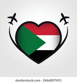 Sudan Travel Heart Flag With Airplane Icons