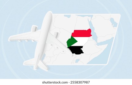 Sudan Travel Illustration with Plane and National Flag. Ideal for travel agencies, promotional materials, or geographic content related to Sudan.