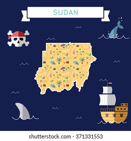 Sudan treasure map in flat design. Colorful cartoon treasure map of Sudan with flat design icons of pirate ship and jolly roger. Sudan flat design vector illustration.