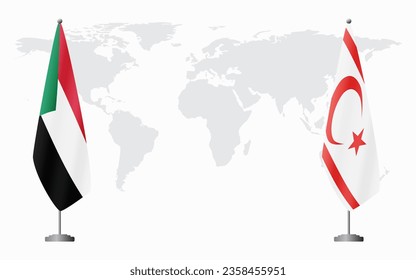 Sudan and Turkish Republic of Northern Cyprus flags for official meeting against background of world map.