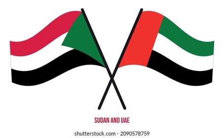 Sudan and UAE Flags Crossed And Waving Flat Style. Official Proportion. Correct Colors.