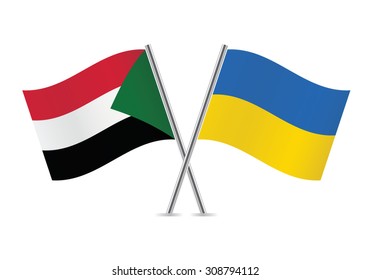 Sudan and Ukraine crossed flags. Sudanese and Ukrainian flags, isolated on white background. Vector icon set. Vector illustration.