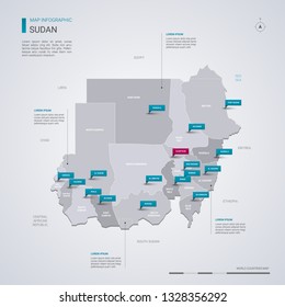 Sudan vector map with infographic elements, pointer marks. Editable template with regions, cities and capital Khartoum. 