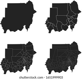 Sudan vector maps with administrative regions, municipalities, departments, borders