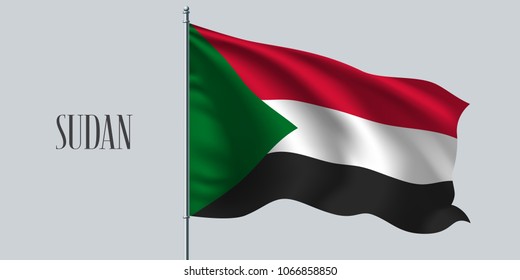 Sudan waving flag on flagpole vector illustration. Red black element of Sudan wavy realistic flag as a symbol of country 