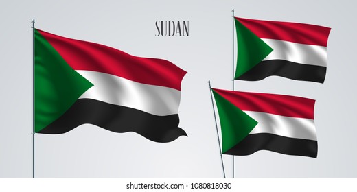 Sudan waving flag set of vector illustration. White red black colors of Sudan wavy realistic flag as a patriotic symbol 
