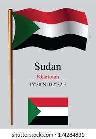 sudan wavy flag and coordinates against gray background, vector art illustration, image contains transparency