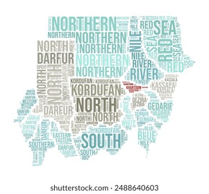 Nube de palabras de Sudán. Forma Country con división por regiones. Imagen de estilo de tipografía de Sudán. Nubes de etiquetas de nombres de región. Ilustración vectorial.