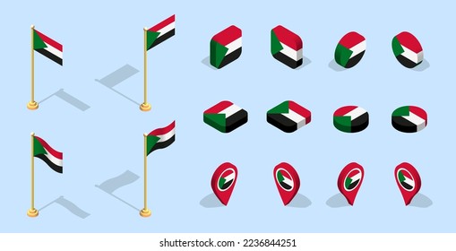 Sudanese  flag (Republic of the Sudan). 3D isometric flag set icon. Editable vector for banner, poster, presentation, infographic, website, apps, maps, and other uses.