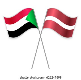 Sudanese and Latvian crossed flags. Sudan combined with Latvia isolated on white. Language learning, international business or travel concept.