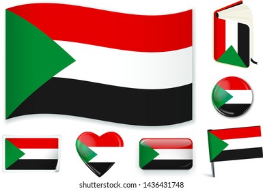 Sudanese national flag. Vector illustration. 3 layers. Shadows, flat flag, lights and shadows. Collection of 220 world flags. Accurate colors. Easy changes.