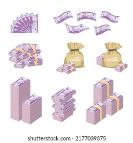 Sudanese Pound Vector Illustration. Huge packs of  Sudan money set bundle banknotes. Bundle with cash bills. Deposit, wealth, accumulation and inheritance. Falling money 500  SDG.