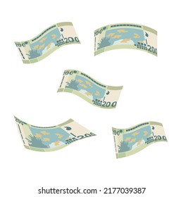 Sudanese Pound Vector Illustration. Sudan money set bundle banknotes. Falling, flying money 200 SDG. Flat style. Isolated on white background. Simple minimal design.