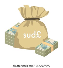 Sudanese Pound Vector Illustration. Sudan money set bundle banknotes. Money bag 200 SDG. Flat style. Isolated on white background. Simple minimal design.