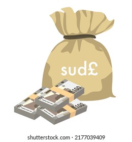 Sudanese Pound Vector Illustration. Sudan money set bundle banknotes. Money bag 100 SDG. Flat style. Isolated on white background. Simple minimal design.