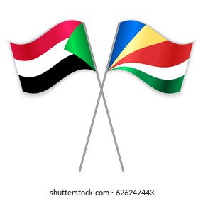 Sudanese and Seychellois crossed flags. Sudan combined with Seychelles isolated on white. Language learning, international business or travel concept.