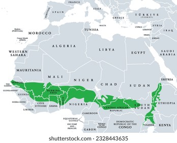 Sudanian savanna, political map. Broad belt of tropical savanna across the African continent, divided into two ecoregions. West (Atlantic to Nigeria) and East Sudanian savanna (Cameroon to Ethiopia).