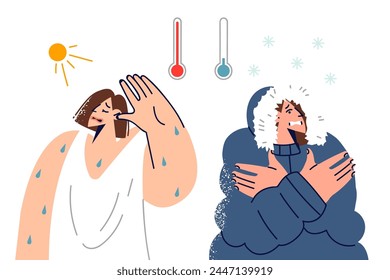 Sudden changes in climate and weather cause suffering in woman, sweating from heat or shivering from cold. Contrast of winter and summer weather becomes causes of sunstroke or frostbite.