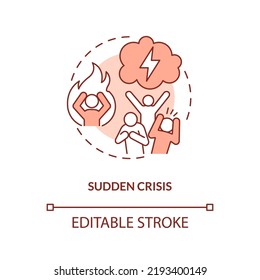 Sudden Crisis Red Concept Icon. Unexpected Trouble. No Warning. Type Of Crisis Abstract Idea Thin Line Illustration. Isolated Outline Drawing. Editable Stroke. Arial, Myriad Pro-Bold Fonts Used