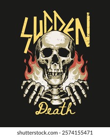 sudden death slogan with skeleton on fire background vector illustration