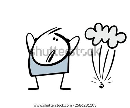 Sudden explosion near stickman. Vector illustration of a boy blowing up a firecracker, smoke and noise. Cartoon man covered his ears in fright. Isolated character on white background.