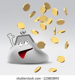 Sudden golden coins shower pouring over money purse on white