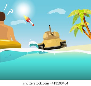 The sudden intrusion of the tank on the beach. The attack in paradise