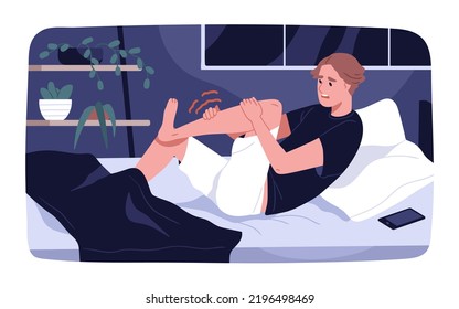 Sudden muscle ache, cramp at night. Person touching hurting leg with acute pain. Man waking up in bed with numb spasm, joint disorder, strain, sprain after injury, trauma. Flat vector illustration