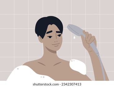 A sudden shut-off leaves a young Asian character covered in soap foam during their daily morning shower routine with no water flowing