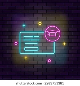 Sudent card neon icon. Education neon icon on dark brick wall background