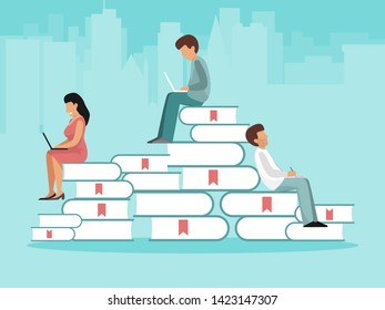 Sudents on books studying school college reading concept vector illustration. University education young people campus teaching workplace. Successful educational characters with laptop.